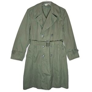 Vintage US Army Military Issue Trench Coat Medium Olive Drab Belt Double Breast